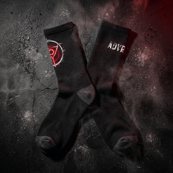 ADVRSRY DROP 06 — Flatlay ADVRSRY.exe Club Black Crew Socks — Logo & “ADVRSRY.exe” Graphic