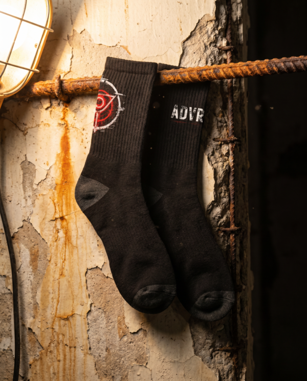 ADVRSRY DROP 06 — Hanging Rebar ADVRSRY.exe Club Black Crew Socks — Logo & “ADVRSRY.exe” Graphic